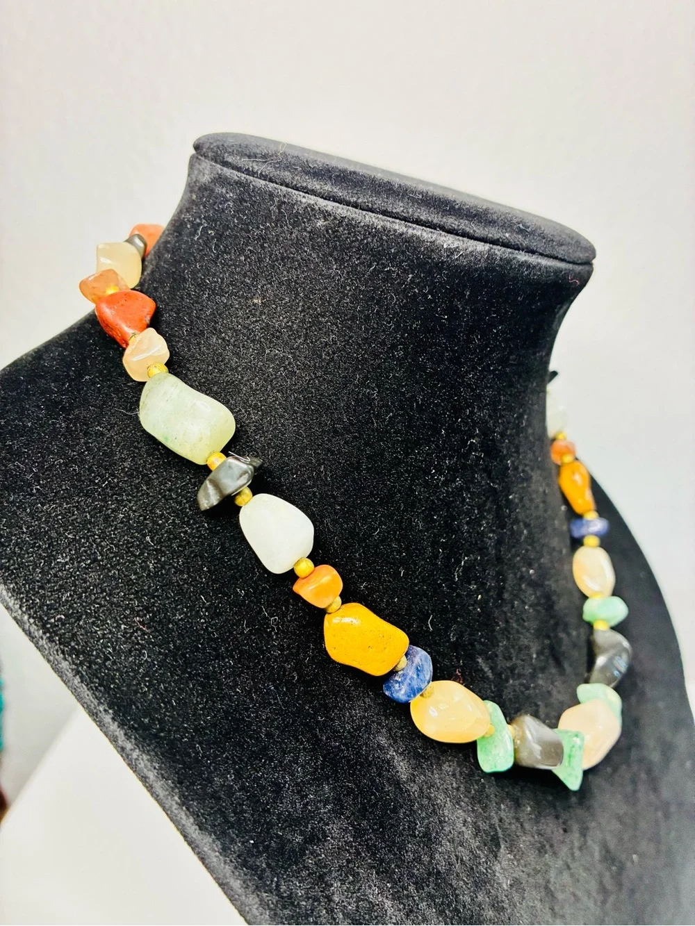Multicolor Natural Stone Bead Necklace - Mixed Gem Accents VTG Hippie Cowgirl